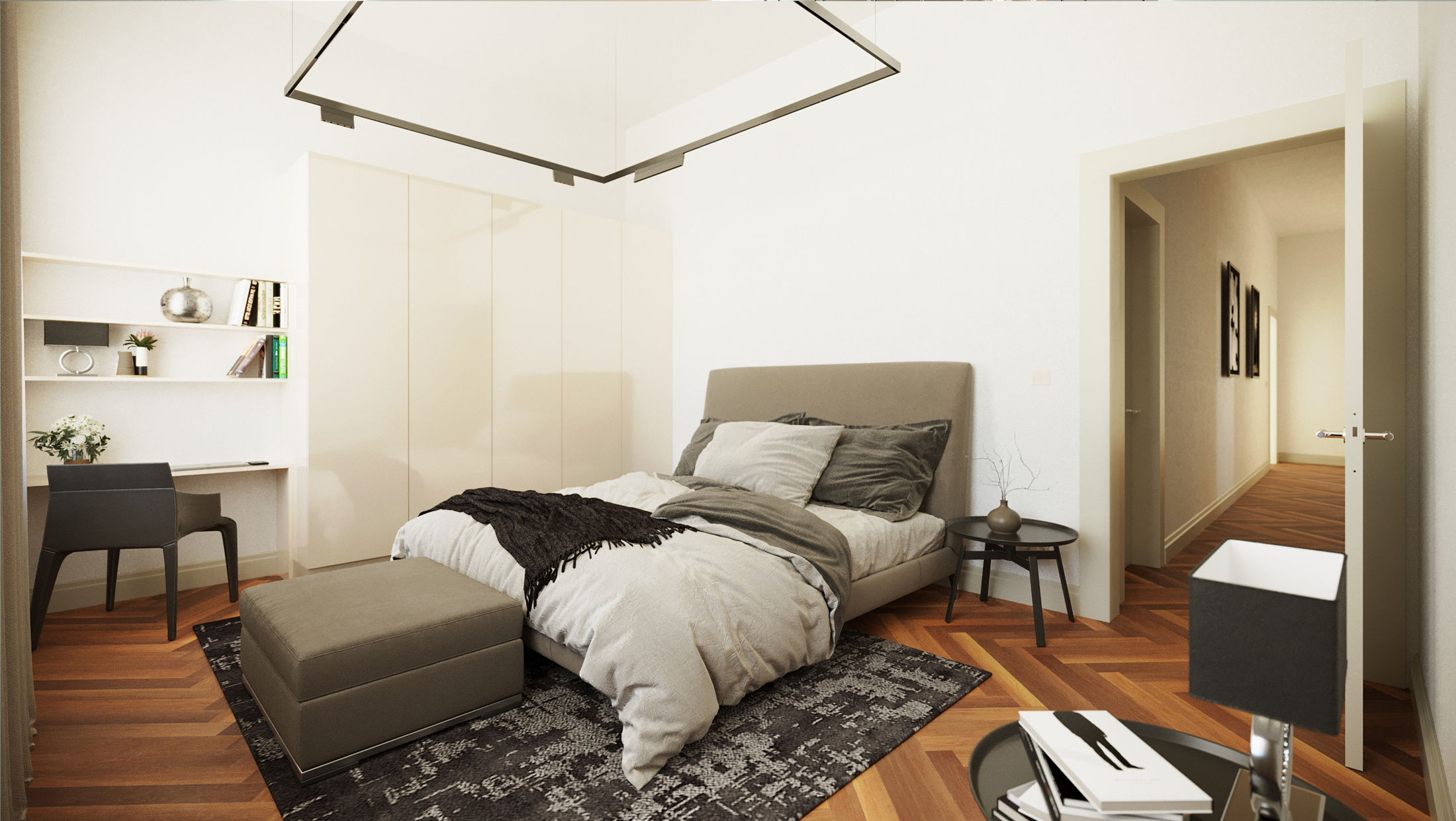 Bedroom with large headboard and soft lighting