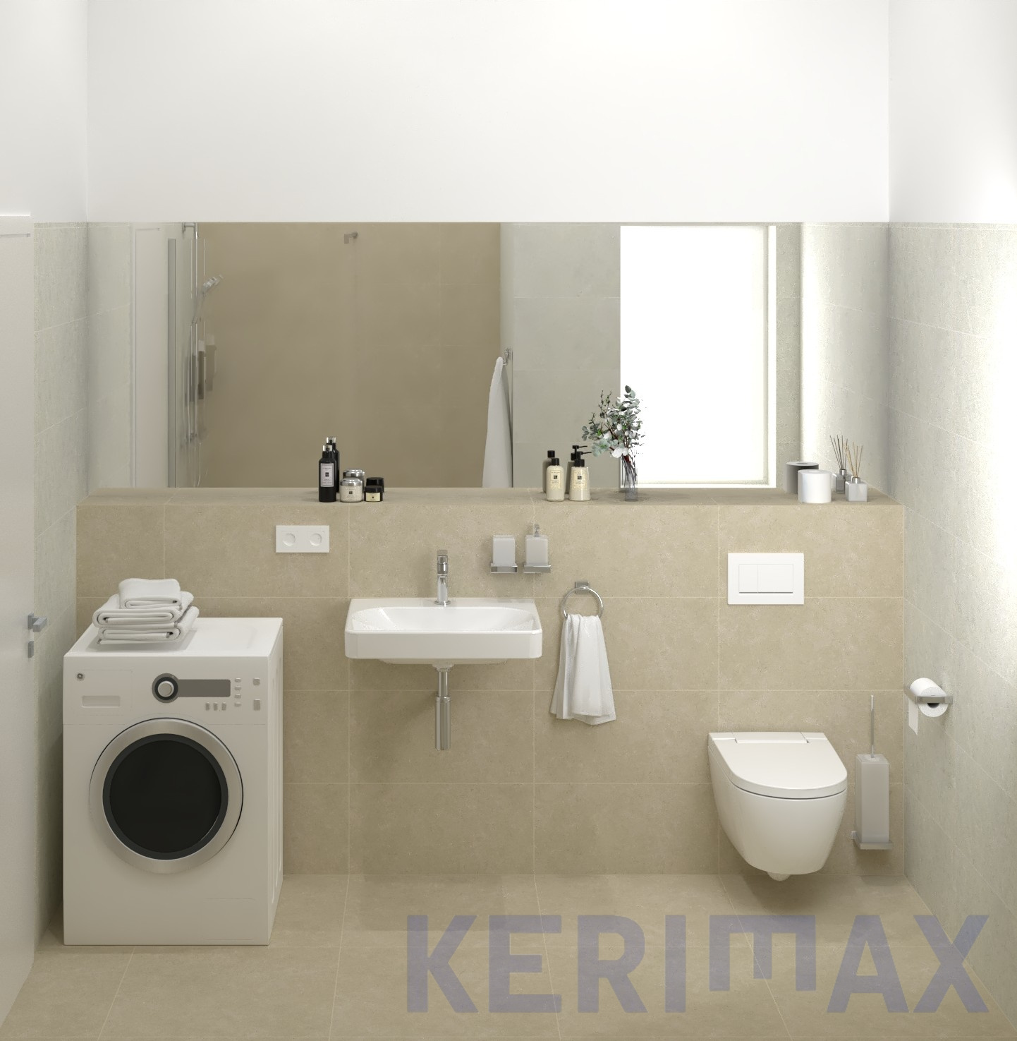 Wide view of kitchen and living area